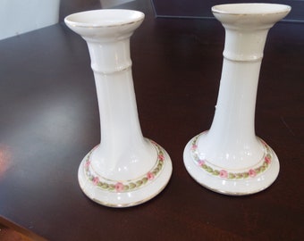 Pair P.L. Limoges French candlesticks white with roses M. Redon candlestick size 5.5"