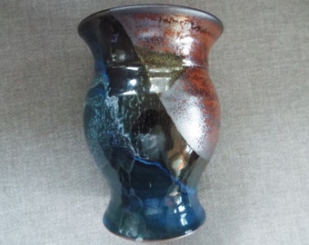 Gorgeous Gary Shaffer studio pottery wheel thrown vessel vase stoneware blue brown  mid century modern  signed