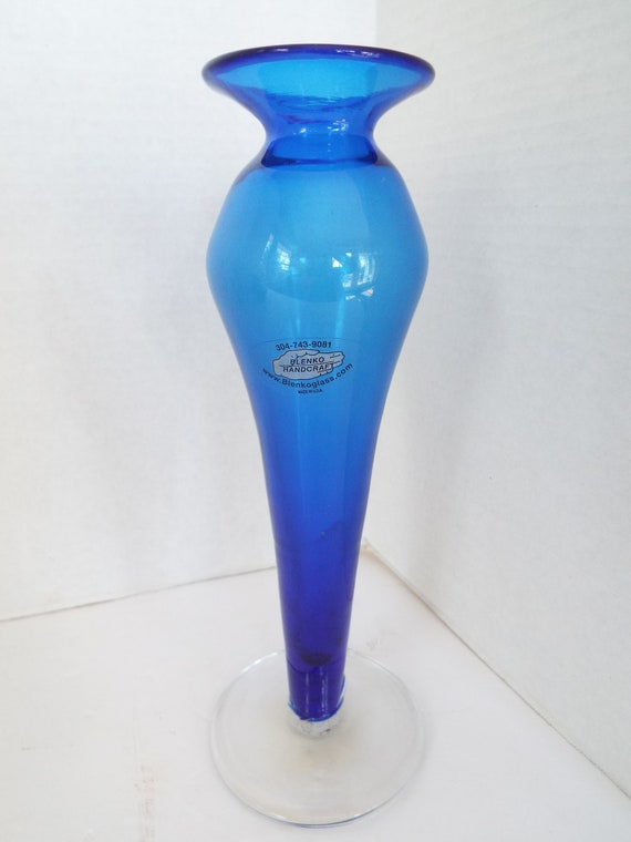 Blenko Glass Company Cobalt Blue Glass Bud Vase Applied Base Etsy