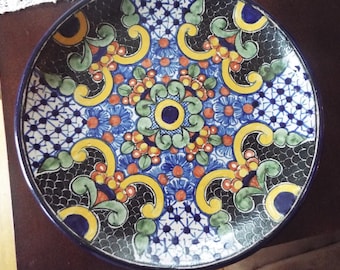 10" Early Talavera wall plate platter  hand painted artist signed Ibarra  Mexican pottery southwestern decor tourist pottery
