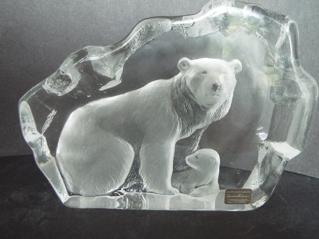 Mats Jonasson Polar Bear With Cub in Ice Cave Crystal Paperweight