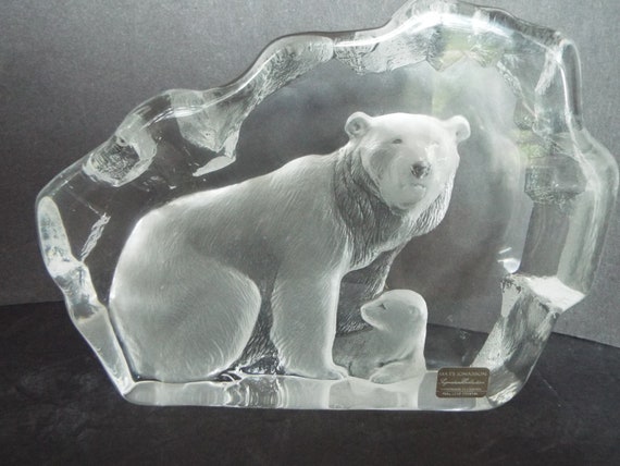 Large 6x8 Mats Jonasson Polar Bear With Cub Crystal Paperweight