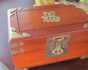 Vintage Chinese Wood Jewelry Box with Brass Fittings, Hong Kong Made