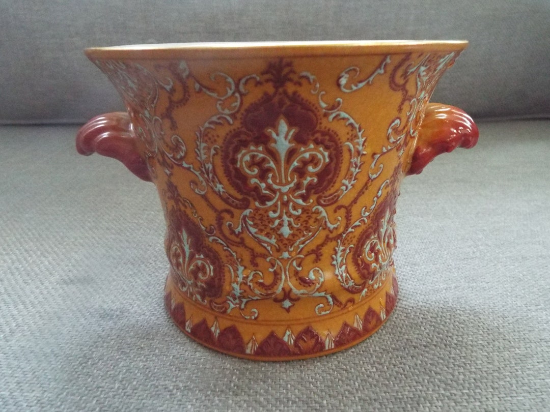 Mark Roberts Porcelain Cachepot Planter Bowl Orange Red Hand Painted