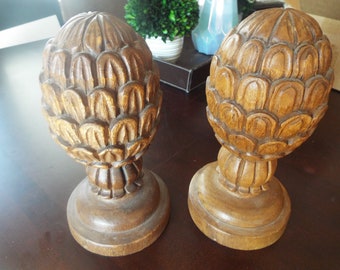 PAIR large 11" heavy carved wood pinecone finials pediments sculpture  architectural mantel ornaments neoclassic
