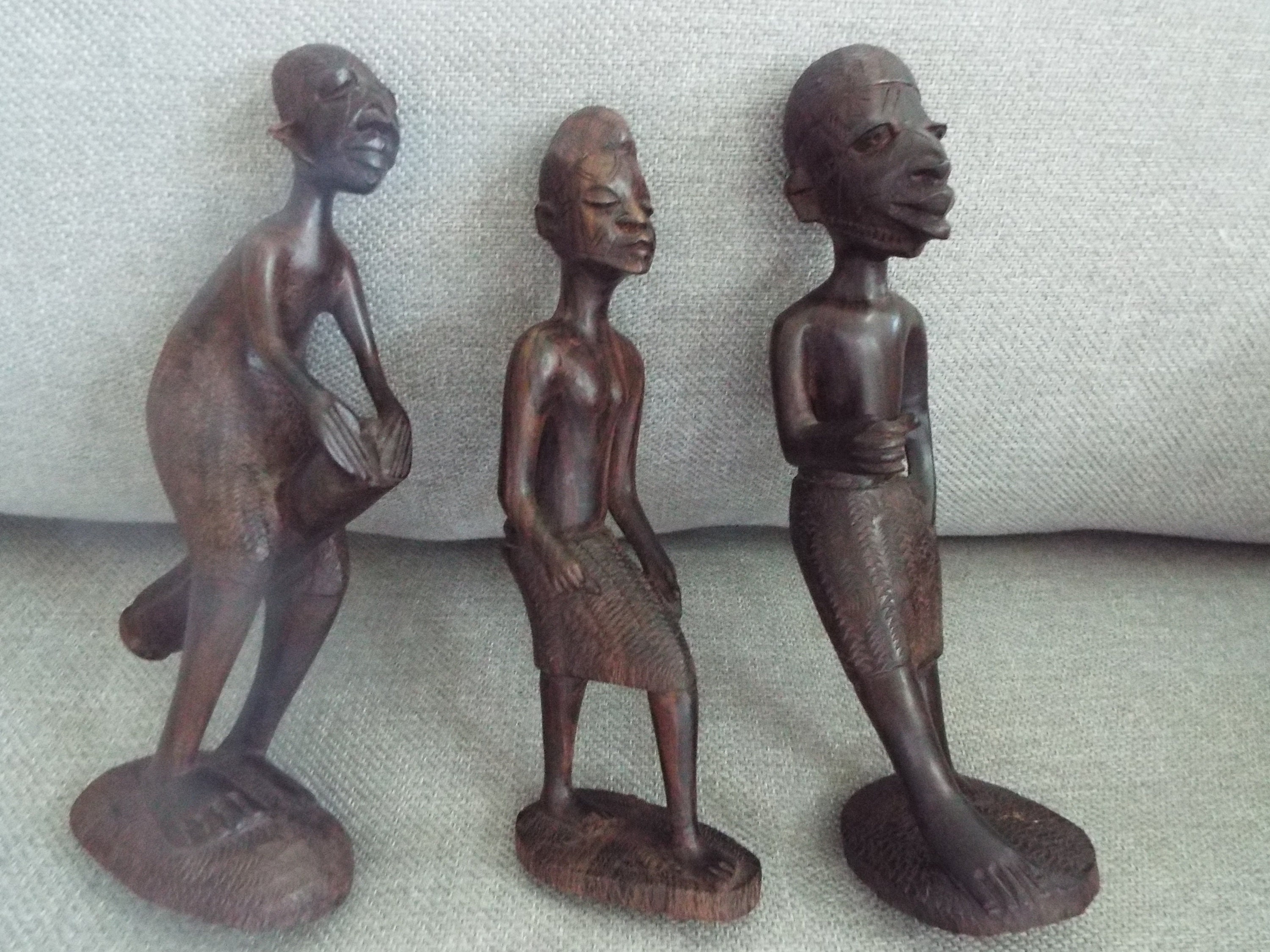 set of 3 African men statues figurines  carved wood ebony 8" tall  sculpture drummer 2 tall men  Africa art Kenya carved ebony log