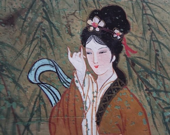 Original Chinese export  gouache watercolor painting  of Geisha court girl  on rice paper  Pith paper signed framed  Chinoiserie