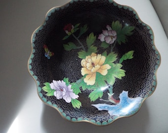 6&quot; Chinese bowl black enamel Cloisonne copper enamel  blue base  cloisonne floral bowl  signed