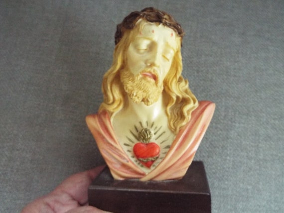 religious statue Italy  Sacred Heart of Jesus bust crown of thorns hand painted resin