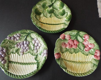 set of 3 Italian majolica fruit in basket plates majolica fruit dishes cottage chic farmhouse italian ceramic