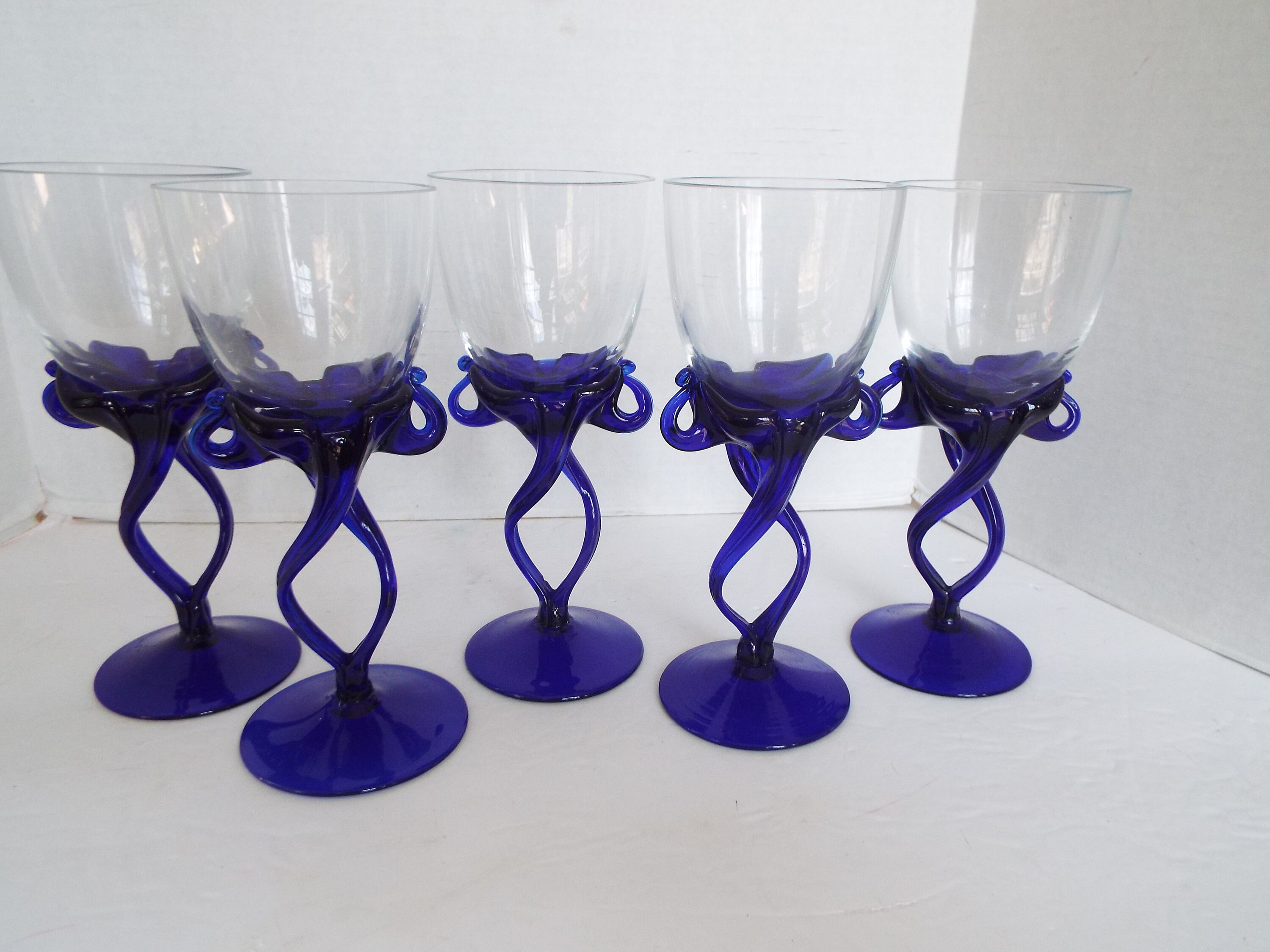 Set of 5 Jozefina Krosno Poland Jelly Fish Art Glass Stemmed