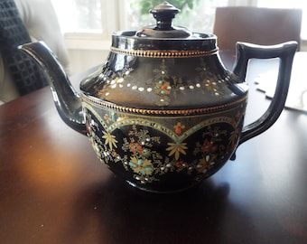 English redware brown pottery teapot Price Bros TEAPOT m&m BROWN BLACK gold design moriage style