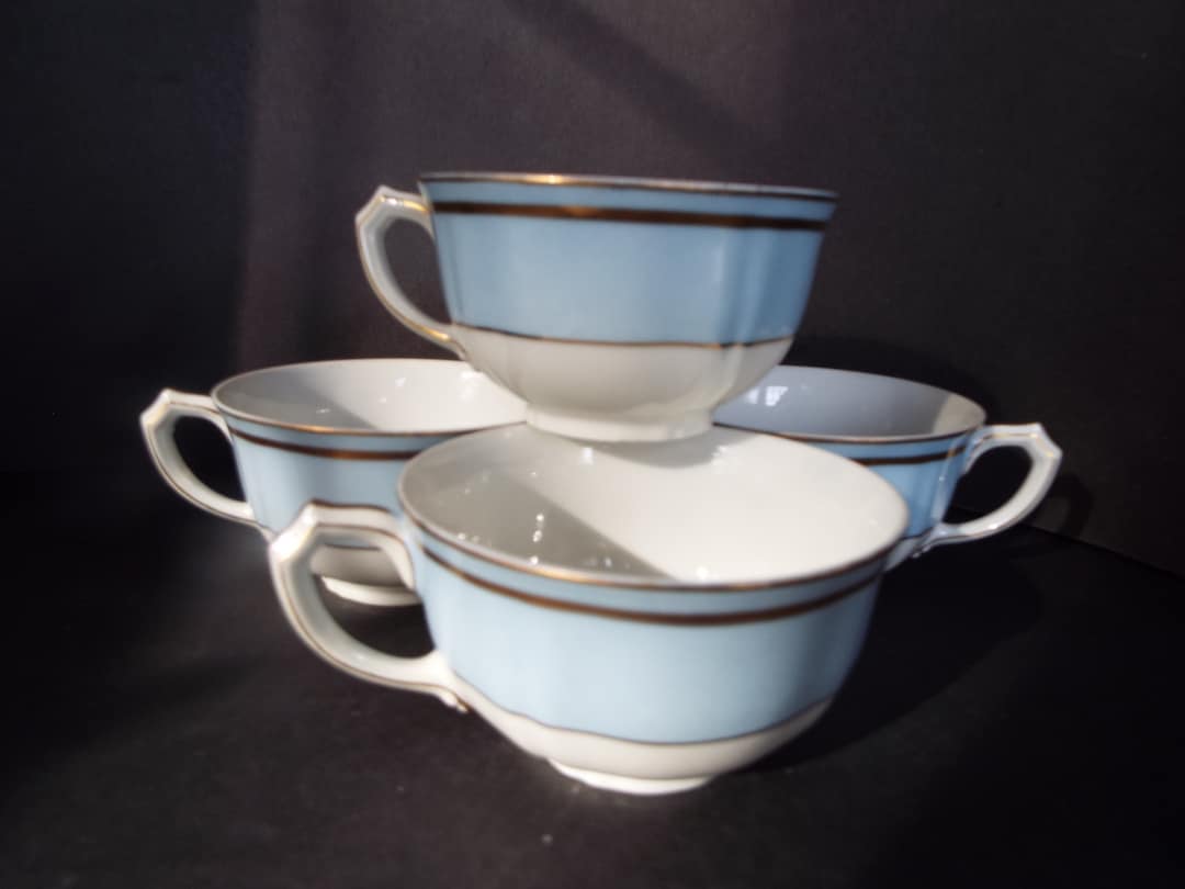 4 Limoges Unic Teacups Blue White Gold Trim 12 Rue De Paradis