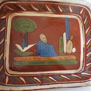 1930 vintage 12.5" x 10.5" Tlaquepaque Mexican pottery  rectangular bowl tray southwestern folk art tourist pottery Talavera  pottery