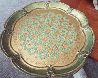 large 16&quot; round Italian Florentine  gold green tray dresser tray made in Italy Baroque ornate scalloped edge gilt tray marked