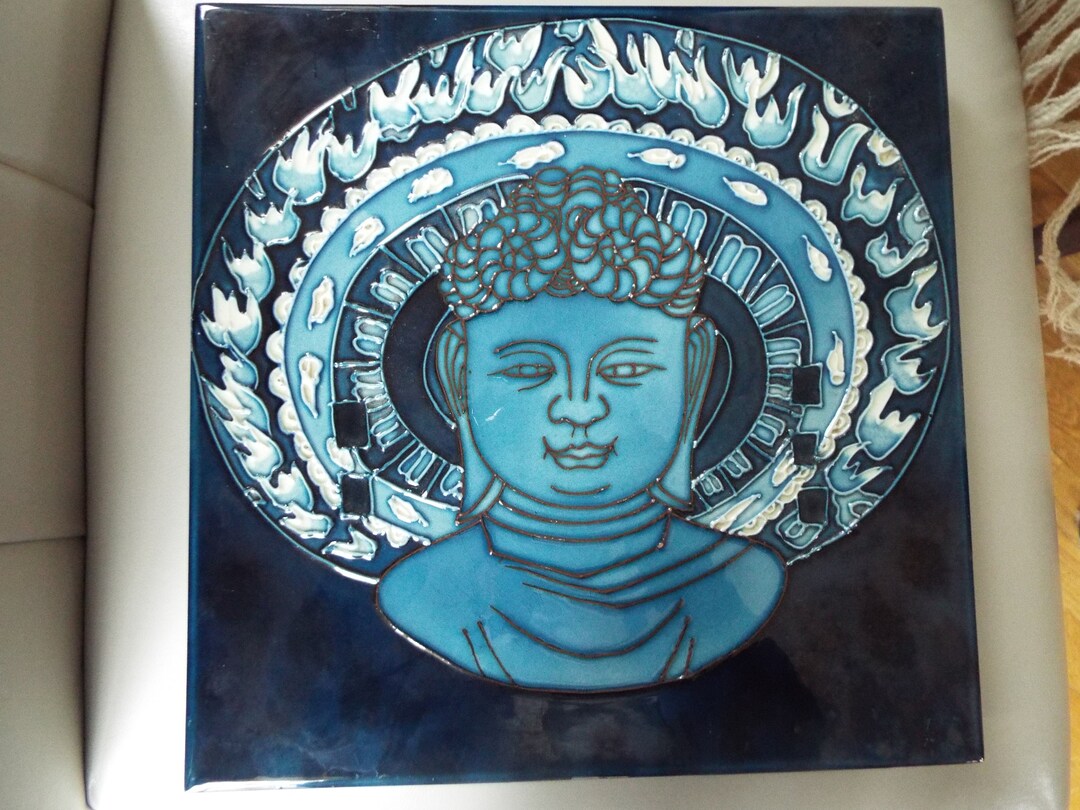 12 Square Ceramic Art Tile Blue Buddha Wall Hanging Tile Religious Tile