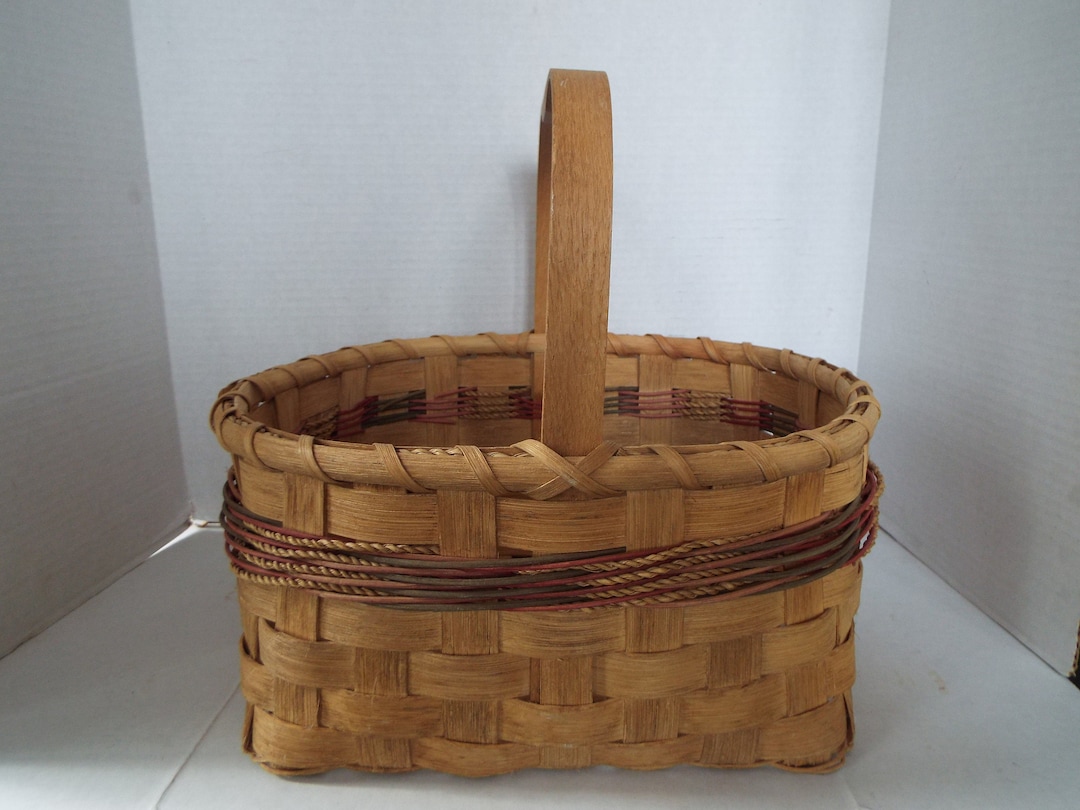 Hand Woven Splint Oak Gathering Basket With Carved Handle Signed Market ...