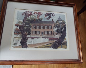 large framed  Paul Norton signed lithograph silkscreen watercolor print Abraham Lincoln Springfield home "