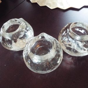 set of 3 large Ann Warff Kosta Boda crystal  glass candle holders votive snowball MCM Scandinavian