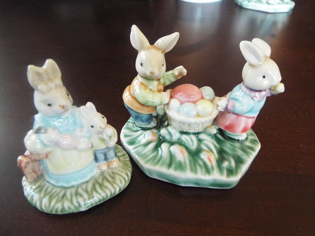 2 Ceramic Figurines Bunny Rabbit Family Easter Egg Basket Figurines ...