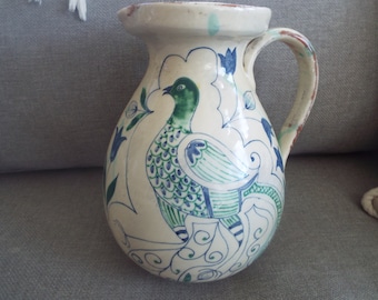 10" large Italian art pottery Mid century modern abstract studio art pottery peacock pitcher  vase mid century Italian