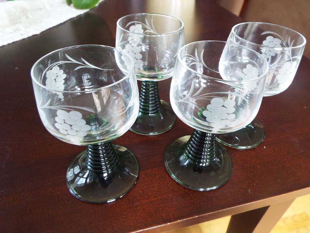 Set of 4 Green Beehive Stemmed Roemer Etched Wine Glasses Goblets Art Glass  Wine Glasses Replacement 