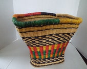 Vintage large 12 quot multi color handmade African Bolga storage market basket 10.5 quot x 12 quot planter waste basket