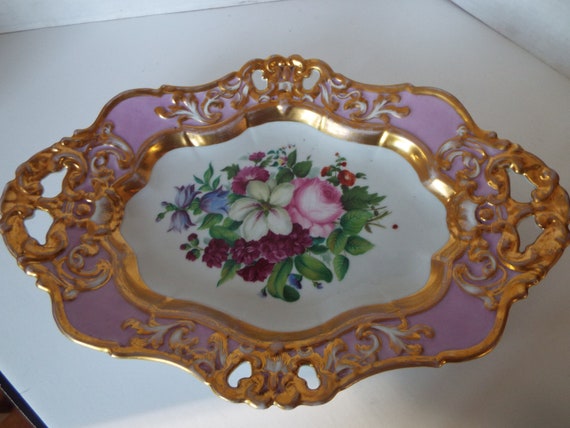 KPM porcelain gold encrusted pink hand painted floral tray | Etsy