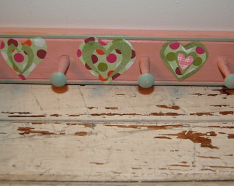 Wooden Peg Clothing Rack / Hearts Pink and Green / Hand Painted Decoupaged / Clothing Hangers / Five Peg Hook Rack / Heart Decor Wall Art