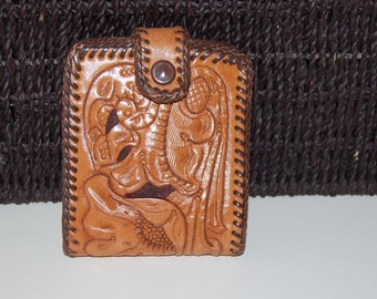 Cartera de piel repujada / Diseño floral de los años 70 / Cuero hecho a mano / Billetero repujado con diseño floral