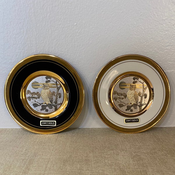 Gilded Chokin Owl Decor Plate / Japanese Decorative Art / 24 kt Gold Copper & Silver on Porcelain / Expressive Designs Inc / Made in Japan
