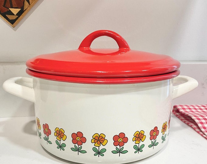 Vintage Enamel Pot With Lid / Red and Yellow Flowers / Enamelware Round ...