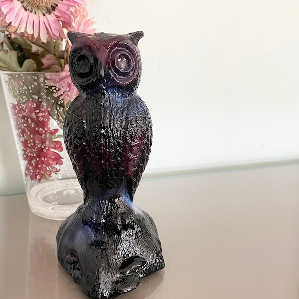 Solid Glass ART Owl / Purple Sculpted Glass Figurine / Glass Fine Art Sculpture