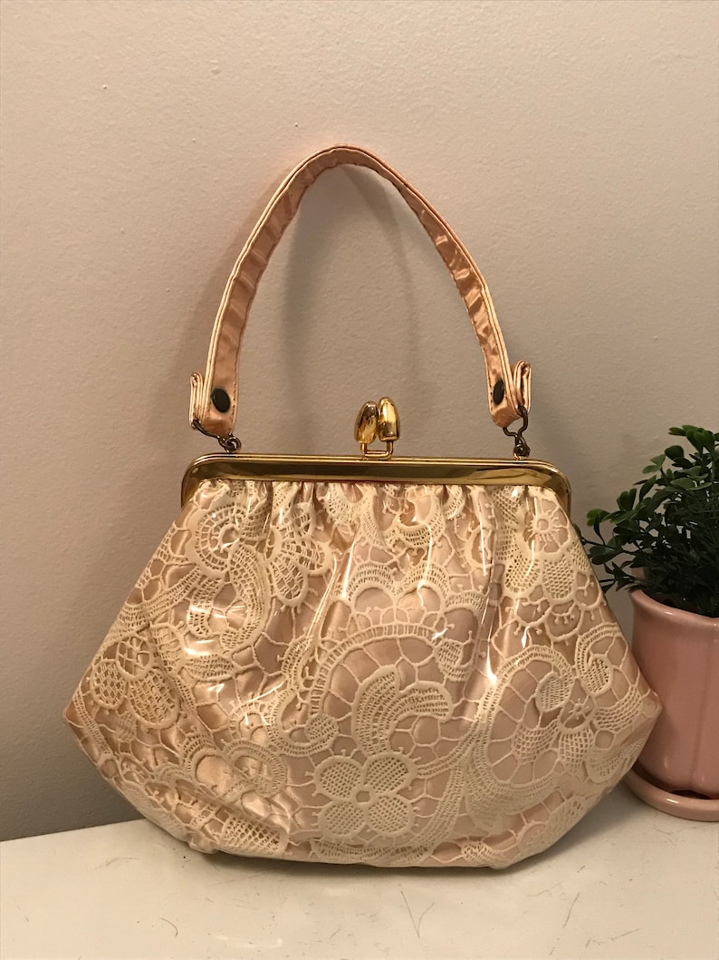 Vintage Pink Plastic Lace Hand Bag Boho Evening Purse Pink Vinyl Snap Closure Shabby Chic Feminine Hipster Dress Up Bag