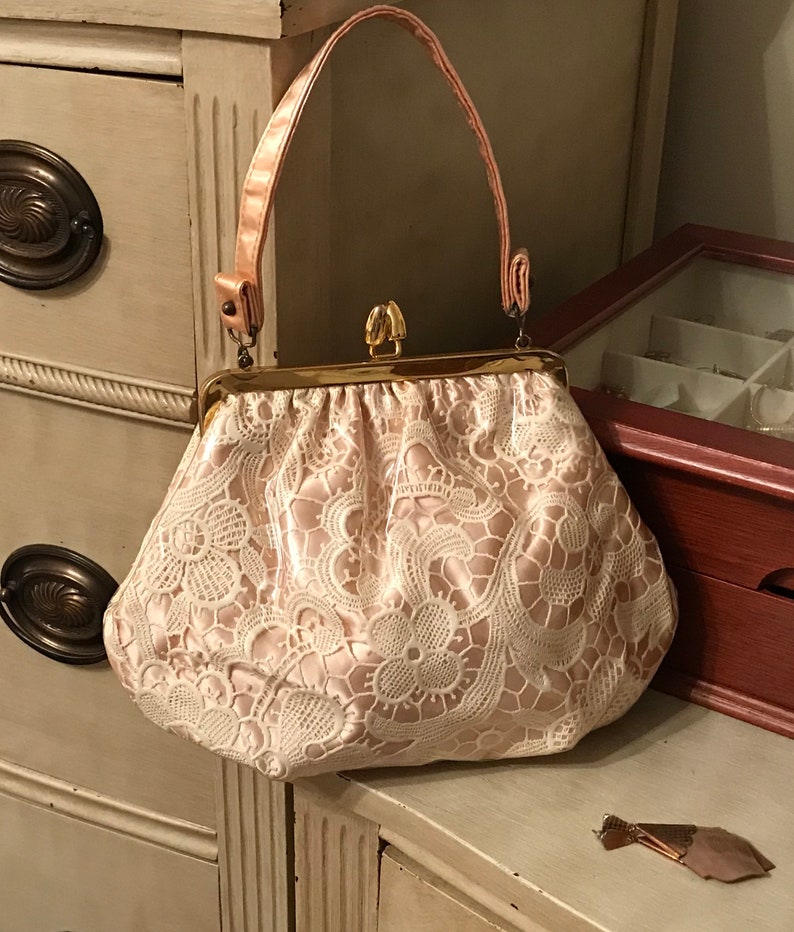 Vintage Pink Plastic Lace Hand Bag Boho Evening Purse Pink Vinyl Snap Closure Shabby Chic Feminine Hipster Dress Up Bag