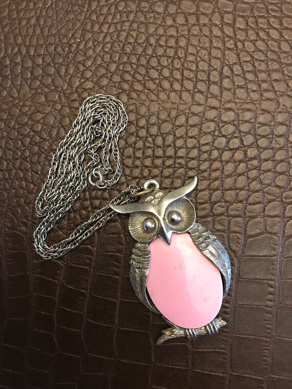Owl Necklace / Pink Body Silver Tone Wings Head E… - image 2