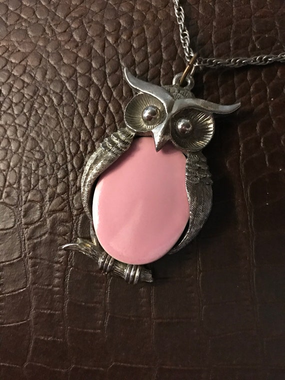 Owl Necklace / Pink Body Silver Tone Wings Head E… - image 6