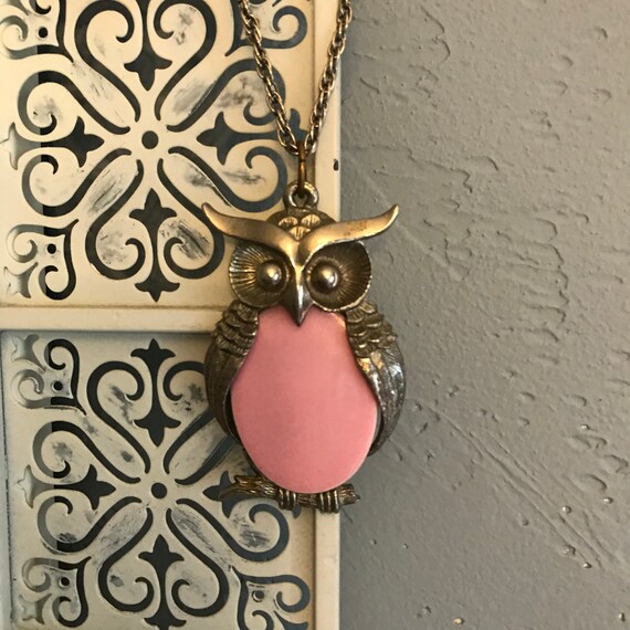 Owl Necklace / Pink Body Silver Tone Wings Head E… - image 9