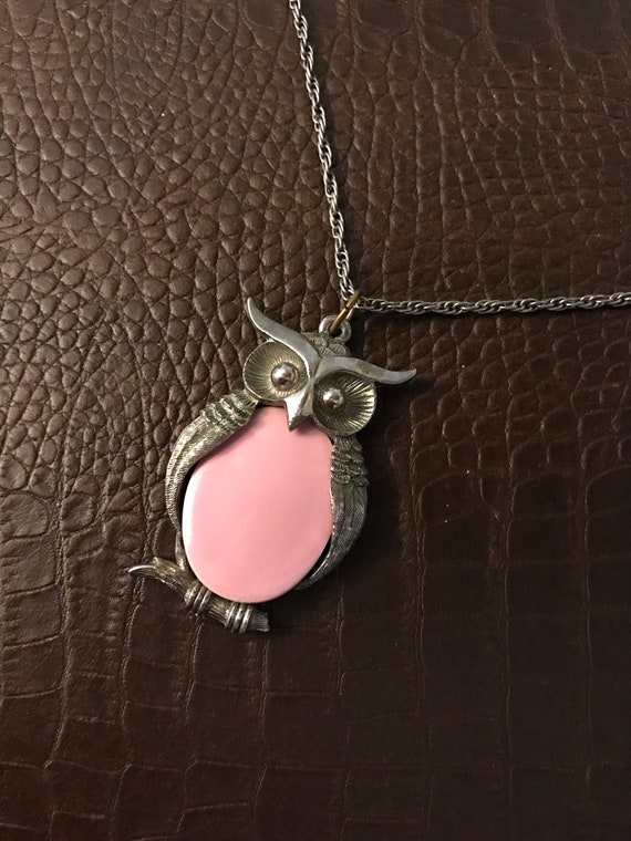Owl Necklace / Pink Body Silver Tone Wings Head E… - image 5