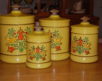 5 pc Vintage Canister SCOOPS mid-century kitsch Red Yellow 5 pc Vintage Canister SCOOPS mid-century kitsch Red Yellow