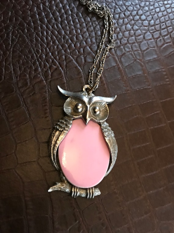 Owl Necklace / Pink Body Silver Tone Wings Head E… - image 1
