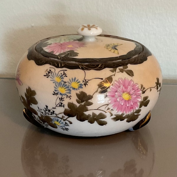 Asian Ceramic Porcelain Lidded Box / Floral Hand Painted Dresser Jewelry Box / Nees Signed