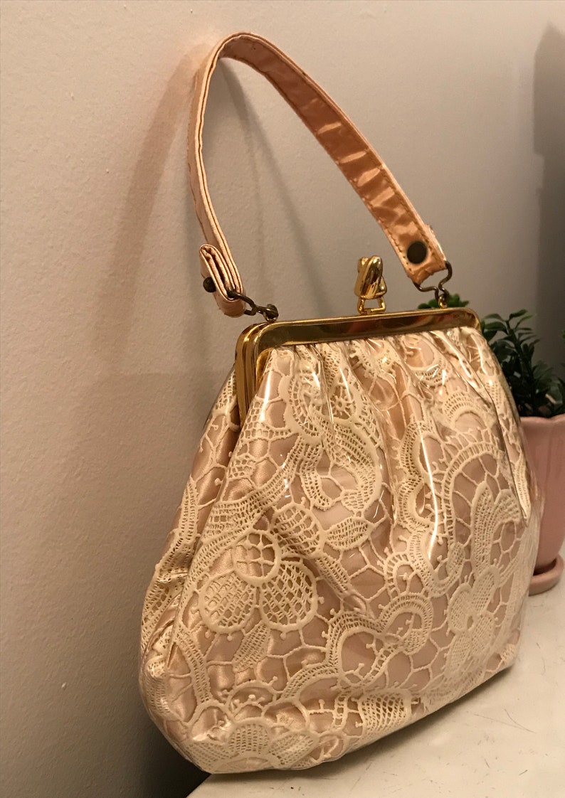 Vintage Pink Plastic Lace Hand Bag Boho Evening Purse Pink Vinyl Snap Closure Shabby Chic Feminine Hipster Dress Up Bag