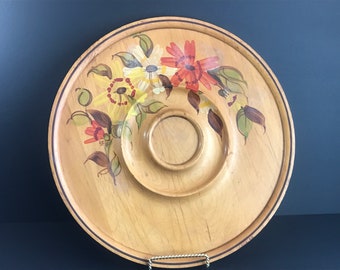 手描きの花が描かれたアンティークの丸い木製トレイ 1930年代 花が描か