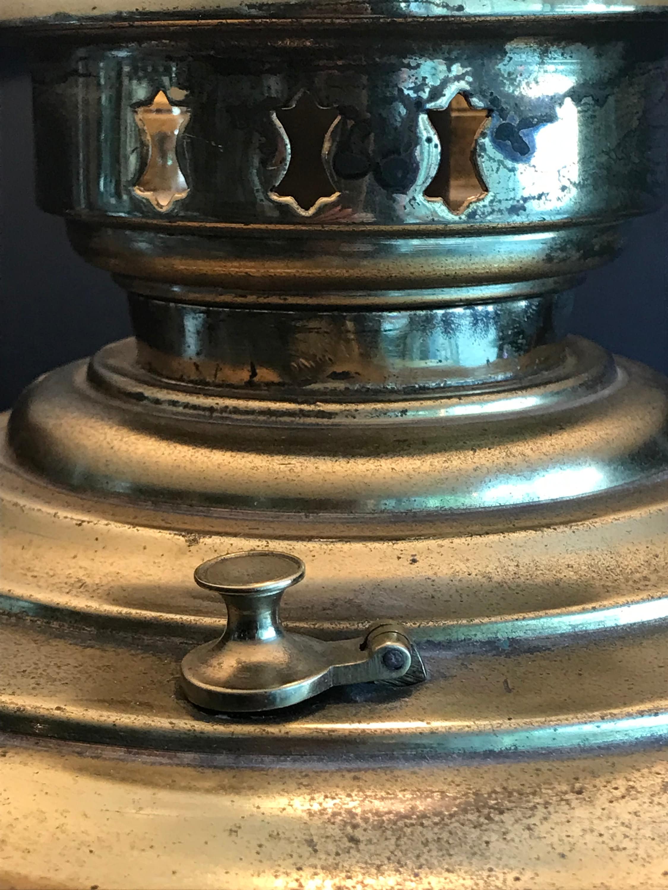 アンティーク、ロシア製真鍮サモワール テーブルランプ、シェード付き