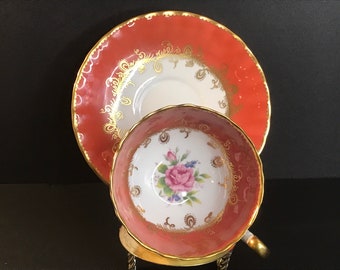 Vintage Aynsley benporslin tekopp fat, bränd orange ros, guld skriftrulle