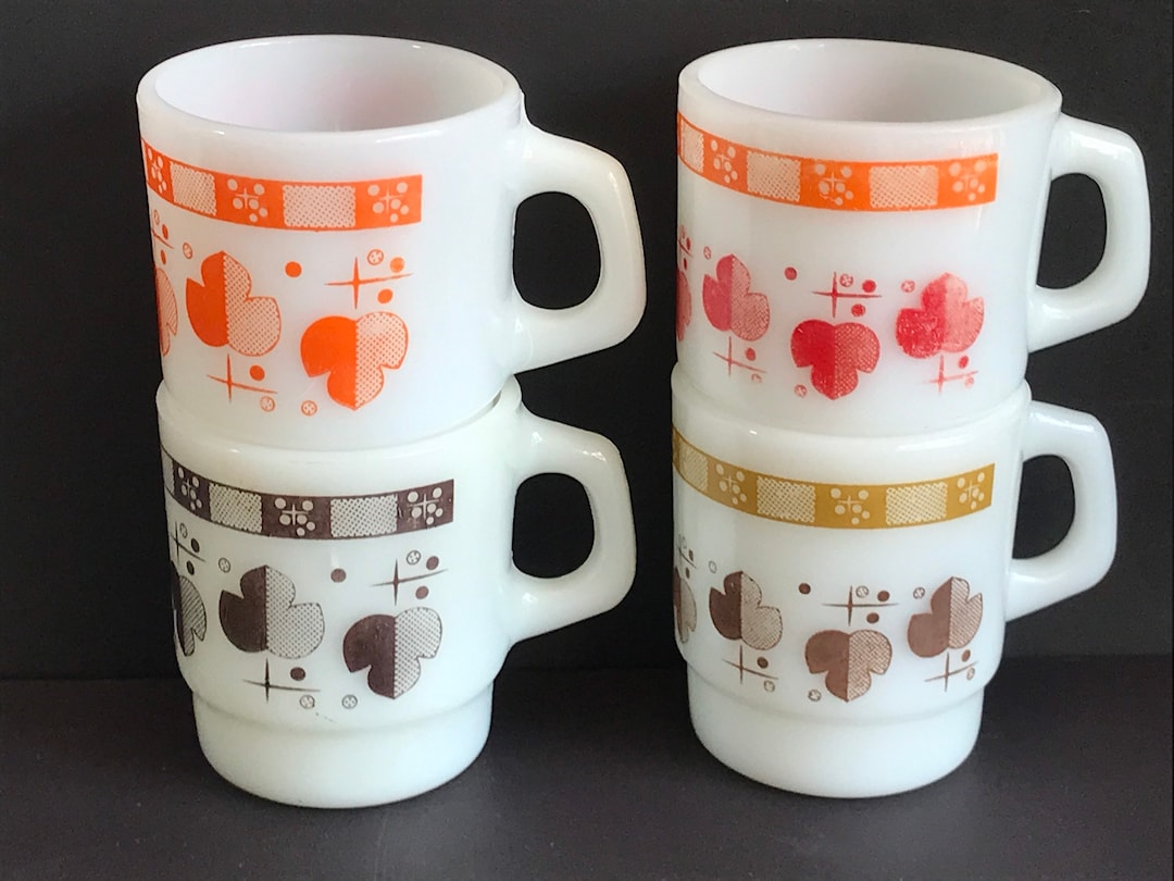 Vintage Fire King, Floral Maple Leaf, Atomic, Set of 4 Mugs, Milk