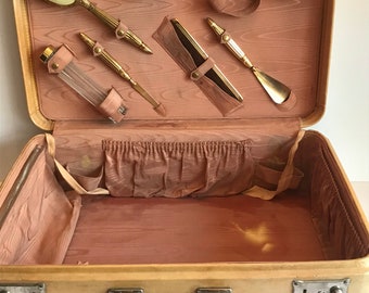 Vintage Tan Leather Train Case with Vanity Accessories