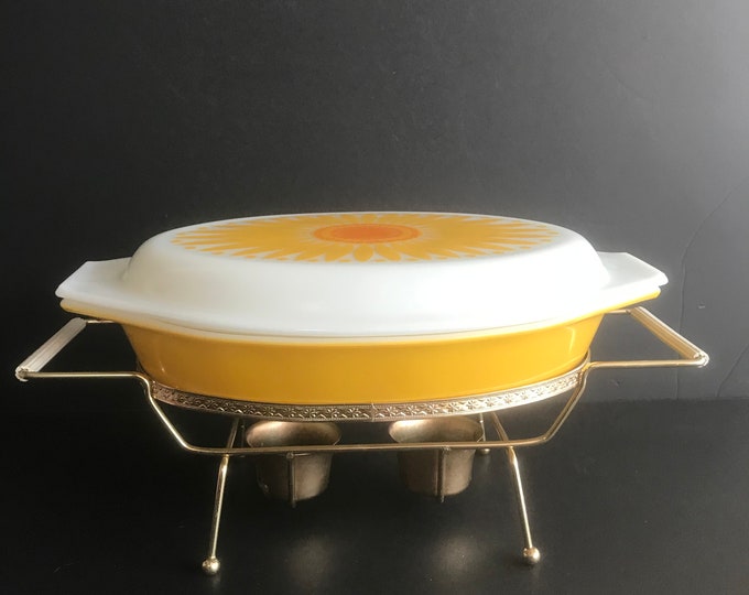 Vintage Sunflower Divided Dish, 1 1/2 Qt Oval,floral Lid, Open Baker