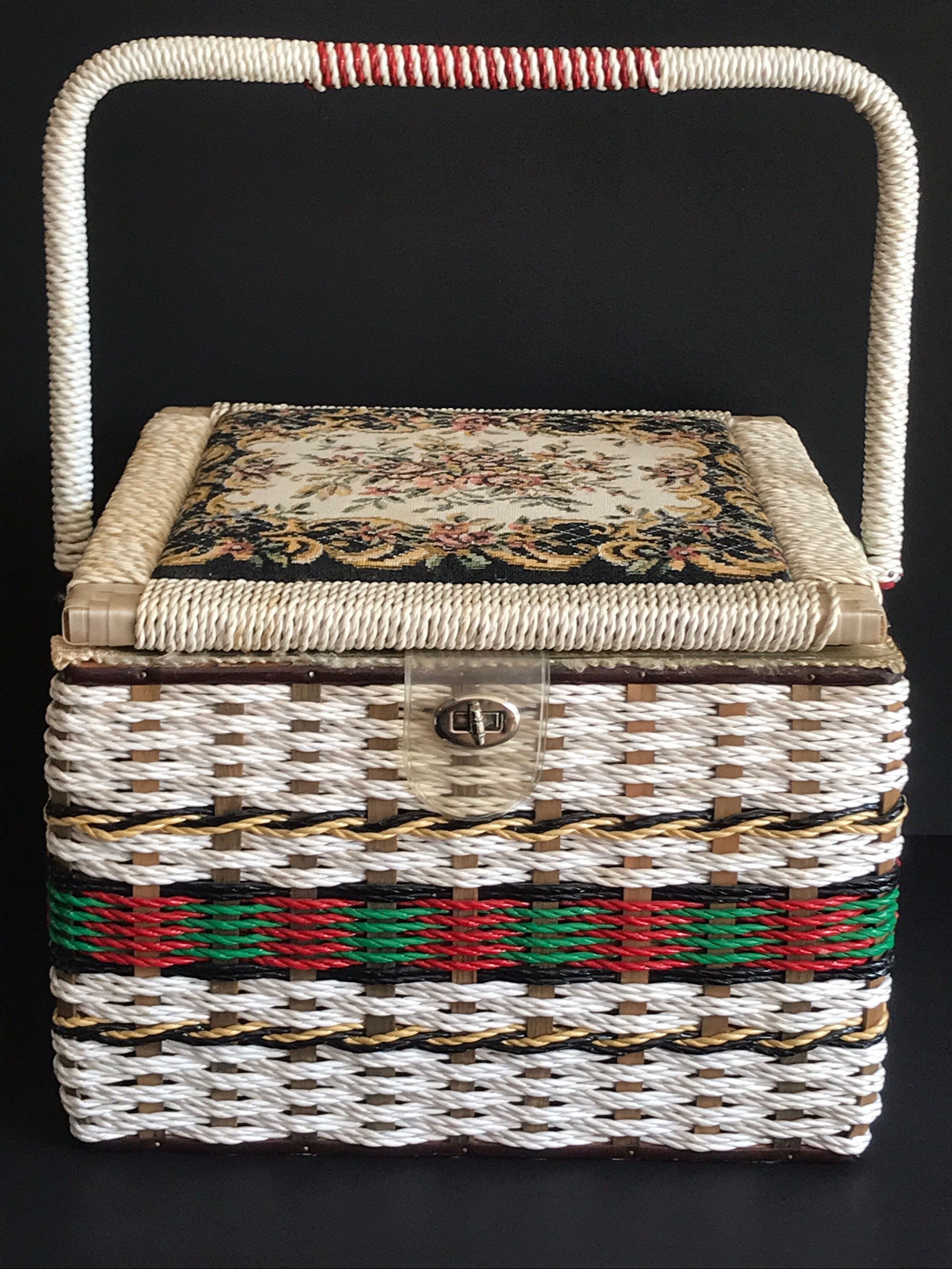 Vintage Mid Century Wicker Sewing Basket, Tapestry Floral Lid